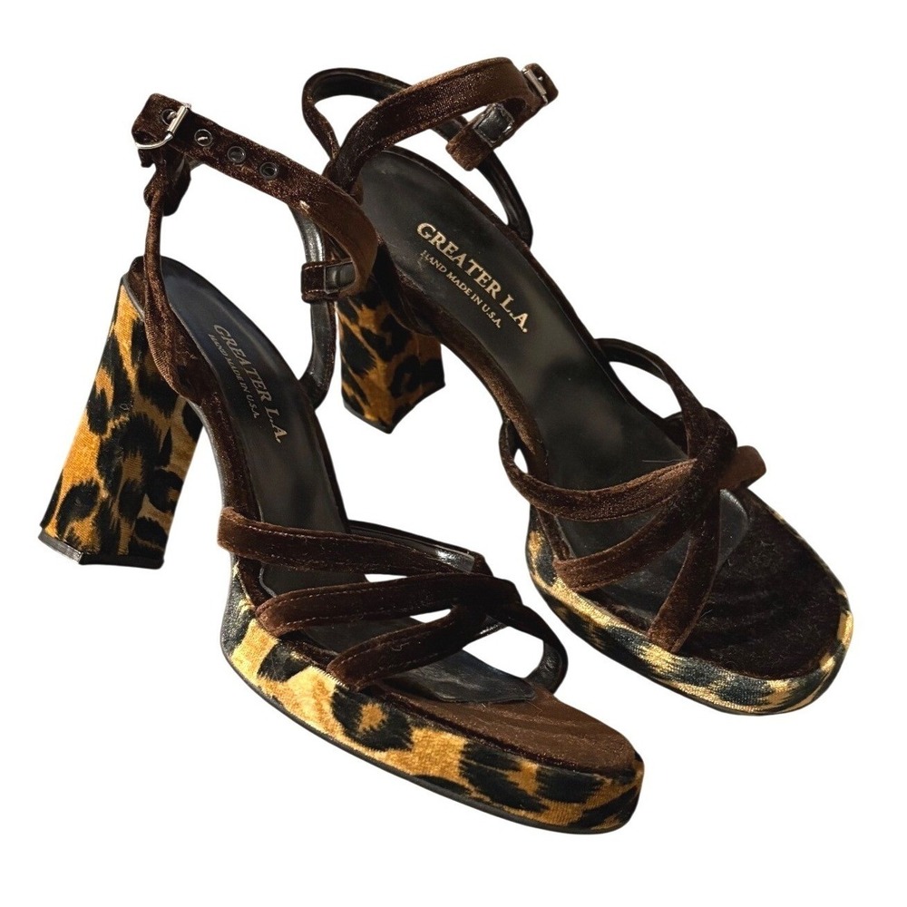 VTG Greater L.A. Brown Velvet Leopard Print Platform Block Heel Sandals Size 8.5